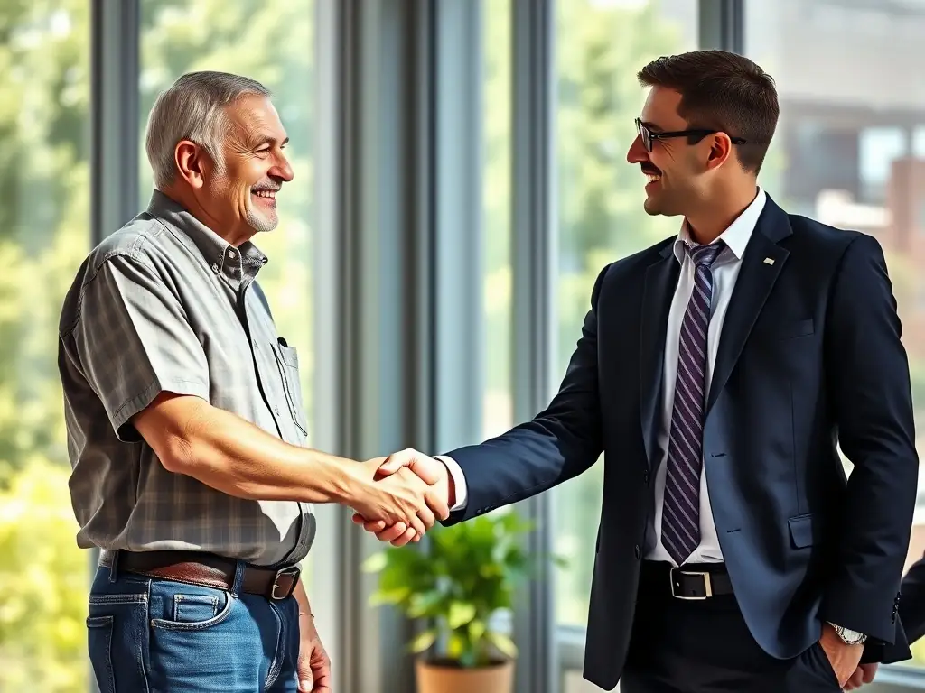 A digital illustration depicting a consultant shaking hands with a mortgage broker, symbolizing the initial consultation phase of Zen Mortgage Leads' lead generation process.
